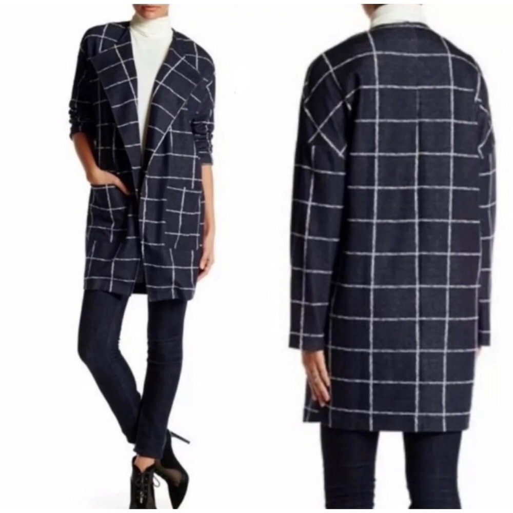ASTR The Label Navy Blue White Windowpane Grid Longline Open Front Cardigan S